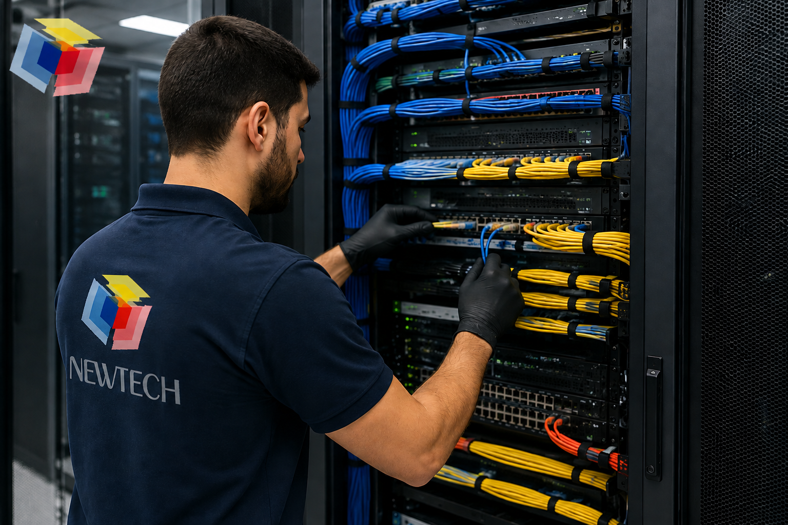 Profissional trabalhando em cabeamento estruturado