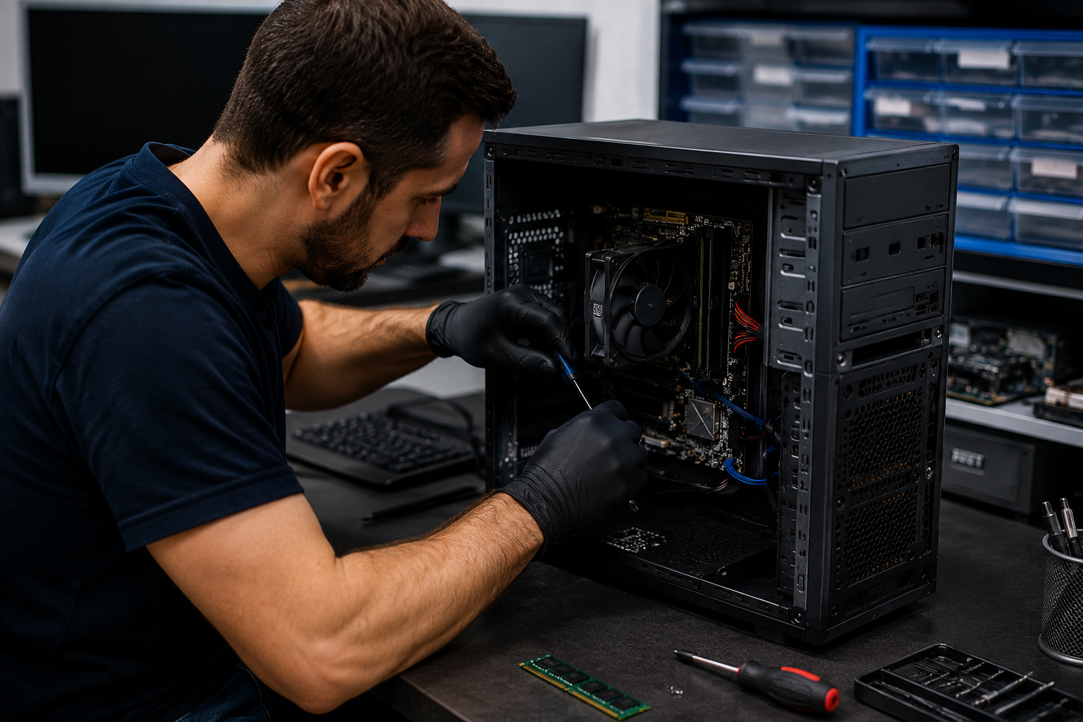 Técnico realizando manutenção em computador